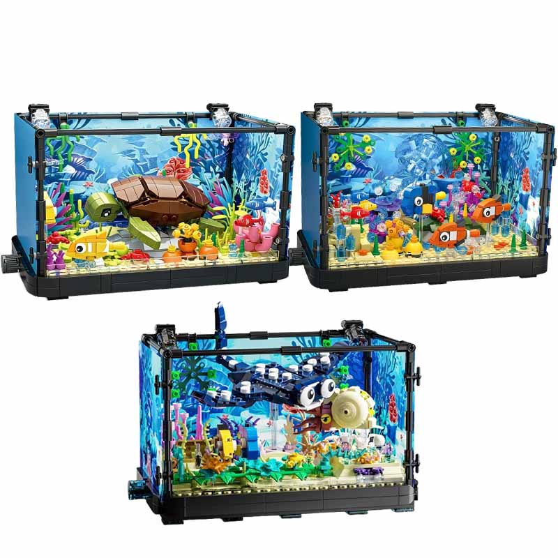Aquarium Marine Fish - ชุดบล็อกตัวต่อตู้ปลาพร้อมไฟ，ตู้ปลา，เต่าทะเล，ของเล่นตัวต่อสำหรับเด็กอายุ 14 ปีขึ้นไป，ของขวัญ，ของตกแต่งบ้าน